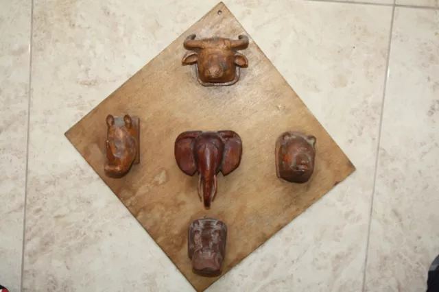 Old Antique Hand Carved Wooden Animal Heads Mounted on Panel Wall Hanging Rare