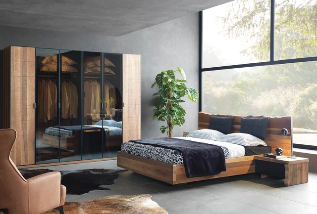 Chambre à Coucher Lit 2x Table de Chevet Penderie Ensemble Bois Moderne Set