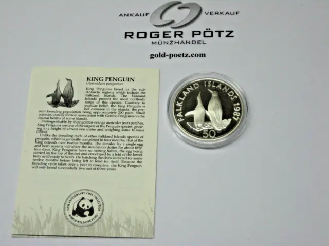 Roger Pötz: 50 Pence Falkland Silber 1987 PP Königspinguine mit WWF Zertifikat