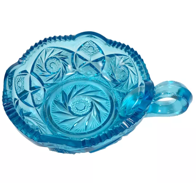 Kemple Nappy Bowl Handle Dish Aztec Pattern Blue Glass Vintage Mckee Pres Cut