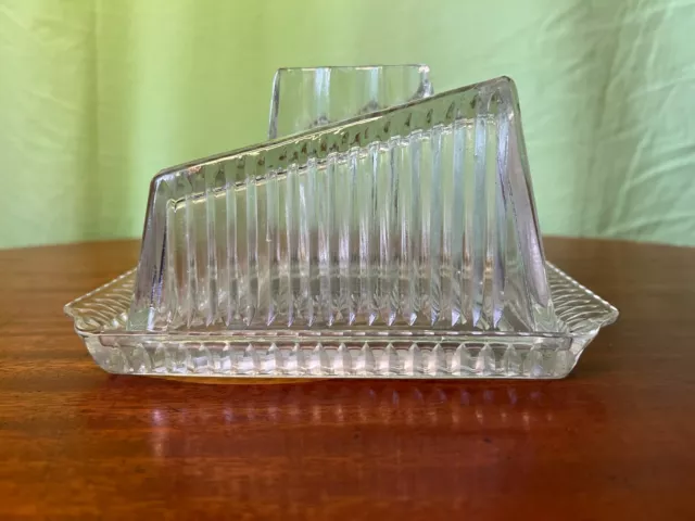 Vintage Art Deco Pressed Glass Lidded Cheese-Butter Dish clear
