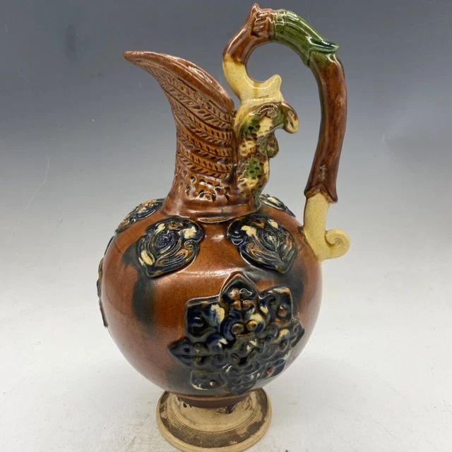 8.8"  china old antique liao dynasty tricolor phoenix handled ewer