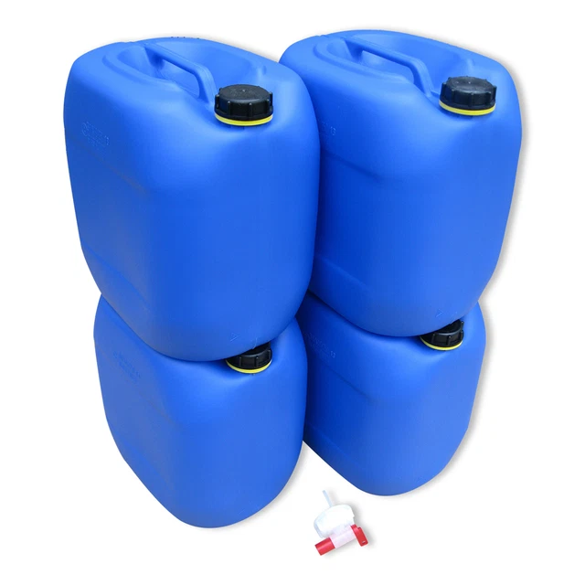 4 x 30 L Behälter Plastikeimer Kanister Wasserbehälter lebensmittelecht + Hahn.