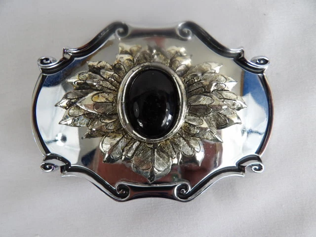 Vtg 1980 Raintree Silver Belt Buckle w/ Southwest Flair Black Center Cabachon