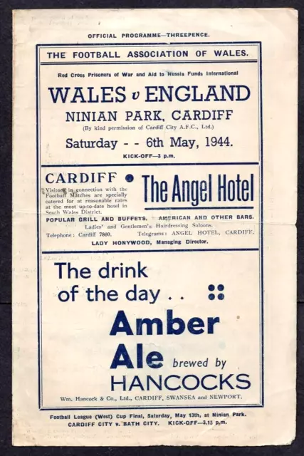 WARTIME 1944 FOOTBALL INTERNATIONAL PROGRAMME WALES v ENGLAND NINIAN PK CARDIFF