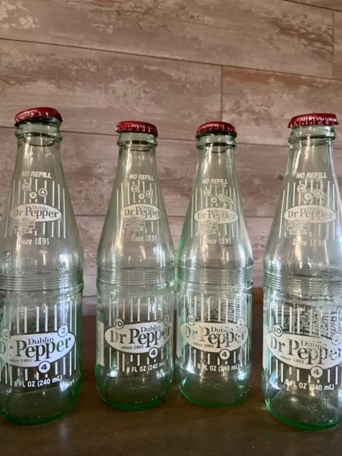 VINTAGE Dr Pepper Dublin Glass Bottles 4 Pcs with CAPS - EMPTY! 8 oz 