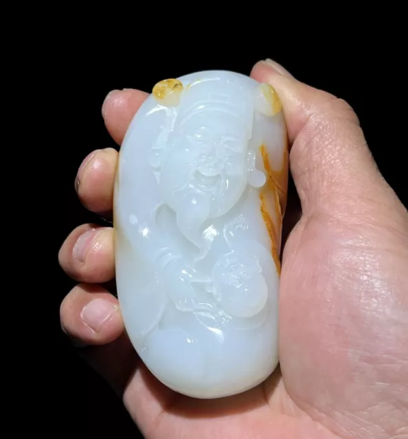 Certified 100% Natural Hetian White Jade Raw Stone Handcarved~God of Wealth财神手把件