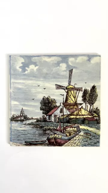 Delft’s Trivet Ceramic Tile Holland Windmill Bridge Hand Painted 6 x 6 Vintage