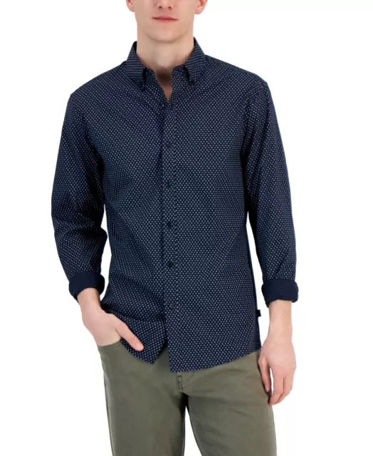Michael Kors Mens Slim-Fit Stretch Button Down Shirt Blue Medium