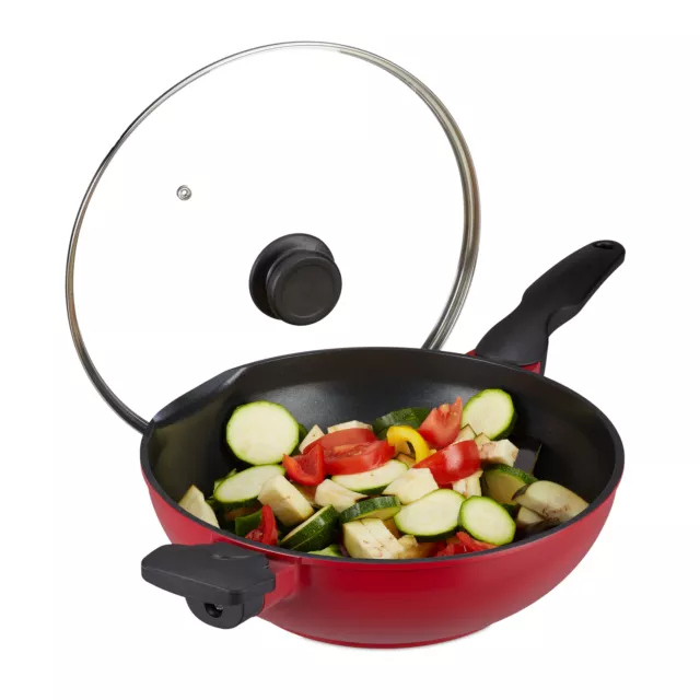 Pentola wok rossa antiaderente con coperchio e manici in alluminio 30cm