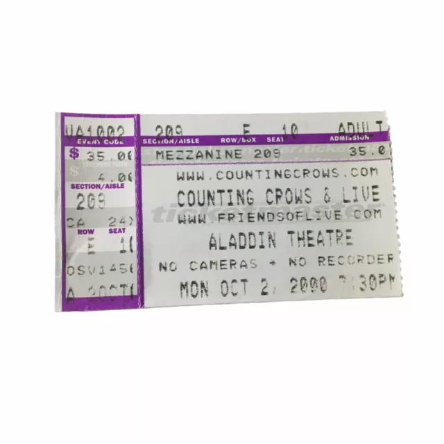 Counting Crows & Live Concert Ticket Stub Oct 2, 2000 Aladdin Theatre Las Vegas