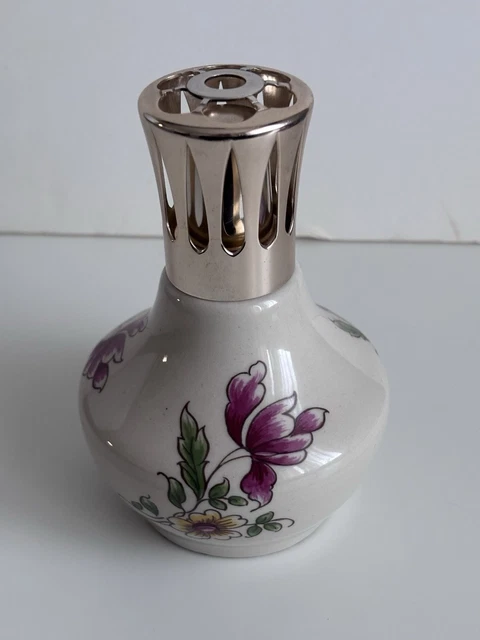Lampe Berger Ancienne En Céramique Grise - Décor Fleurs, Hauteur 14 Cm, Bon état