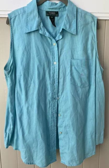 Lauren Ralph Lauren Women's 100% Linen Blouse Plus 2X Blue Sleeveless Logo