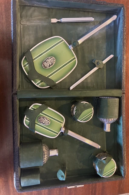 Art Deco, 1920s-30s Vanity Train Case set, leather, black /deep green interior