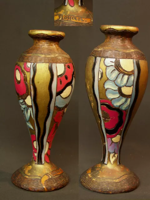 AA 1900 très joli vase en bois peint 26cm motif fleurs stylisées marqué ROYAN