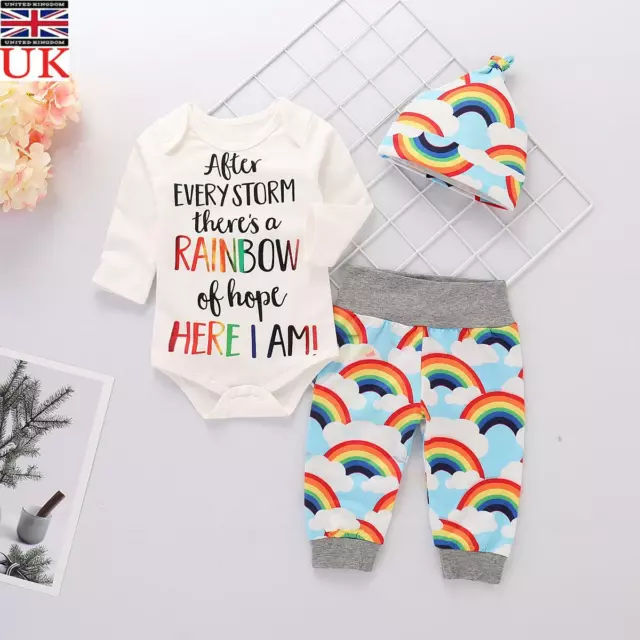 Newborn Baby Girl Boy Rainbow Romper Tops Jumpsuit Outfits Clothes +Pants+Hat