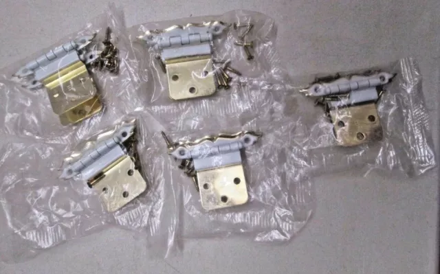 NOS Vintage Lot of 10 Cabinet Hinges White & Gold 5 Packages 3 1/8" x 1/2" New