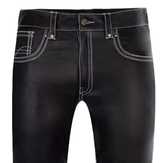 Pantalon Motard En Cuir Noir Homme - Sur Mesure (Taille 28" à 42") - Contraste Blanc - Neuf Avec Étiquettes