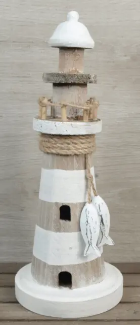 Deko Holz Leuchtturm Antik Look 29cm Braun Weiß 2 Fischen maritime Dekoration
