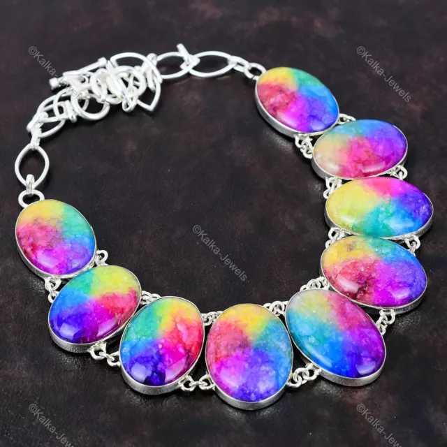 Rainbow Solar Quartz Druzy Necklace 925 Sterling Silver Adjustable Boho Necklace