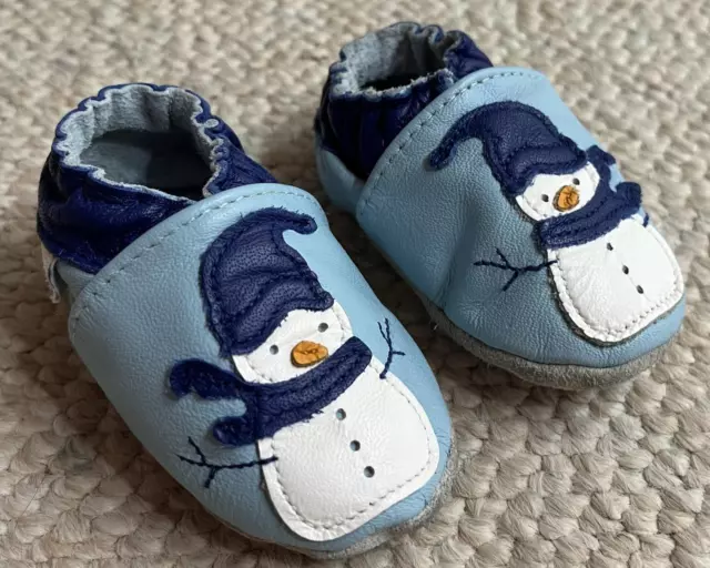 ROBEEZ Leather Baby Boy 0-6 Months Blue Snowman Soft Sole Slip On Shoes