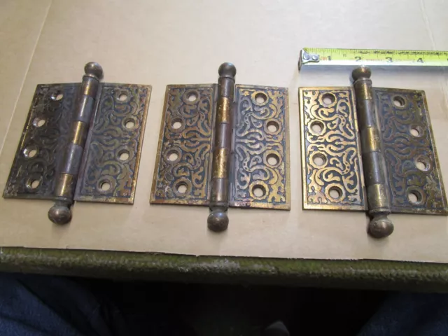 3 - Antique Ornate Eastlake?  Victorian Cast Iron Cannonball Hinges 4'' x 4''