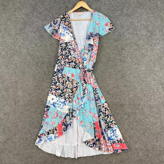 Boho Bird Dress Womens 10 Multicolour Floral Wrap Short Sleeve Jersey J3326
