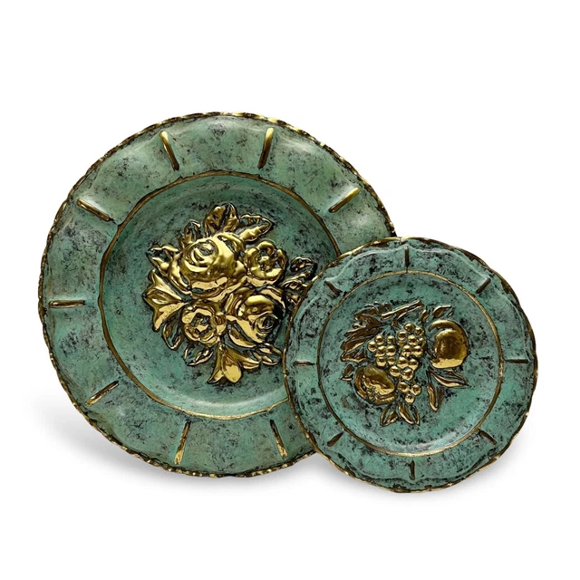 Vtg Set of Green Verdigris Brass Metal Floral Fruit Decorative Wall Plates Italy