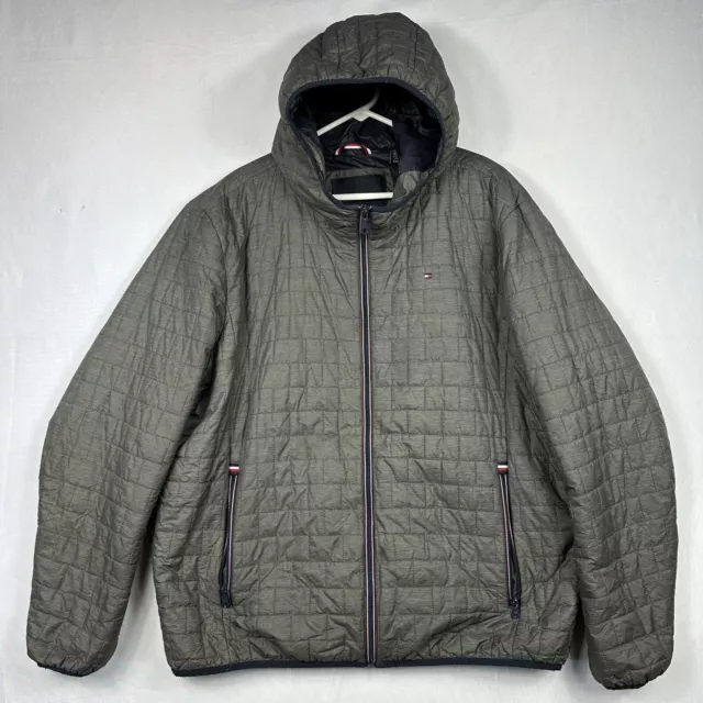 Tommy Hilfiger Men's Quilted Hooded Puffer Jacket 2XL Full Zip Gray Lightweight