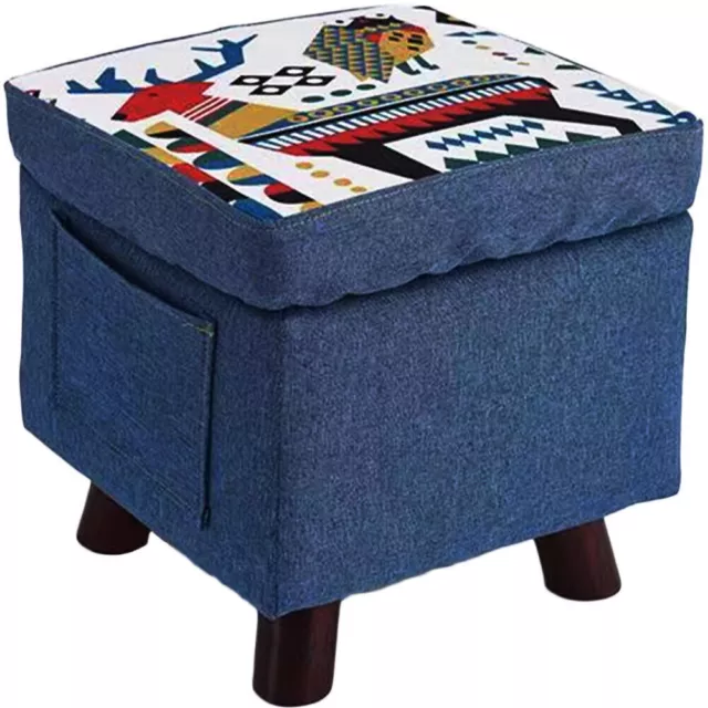 Pouf Contenitore in Legno e Tessuto Sgabello Multiuso Poggiapiedi Baule Blu 32cm