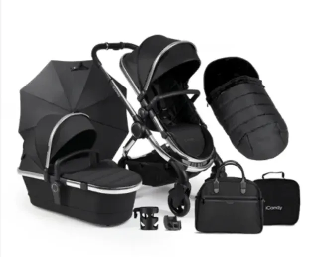 Brand New iCandy Peach Pushchair and Carrycot Bundle - Chrome Chassis Black Twil
