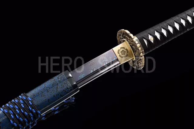 High Quality Blue Red Damascus Steel Katana Copper Tsuba Japanese Samurai Sword 3