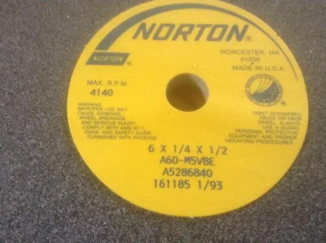 NORTON Grinding Wheel 6"X1/4"X1/2" A60-M5VBE NEW Free Shipping Made In USA