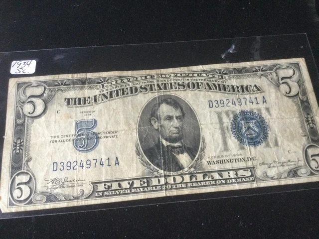 *1934- Washington DC ! $5 Silver Certificate Blue Seal US CURRENCY!  # D39249741