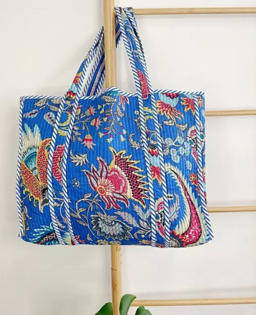 Blue Quilted Hand bags Purse Hand Block Floral Reversible Large Tote Hobo Bags