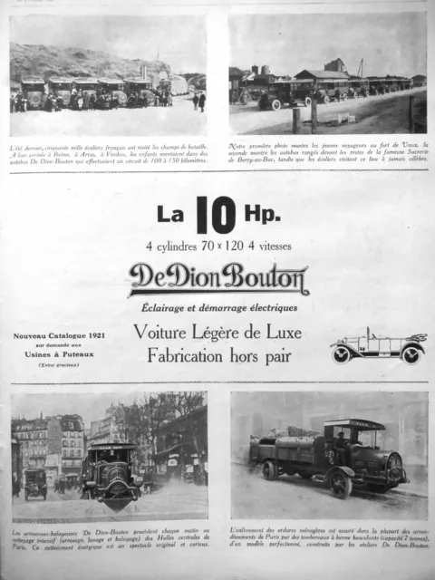 Publicité De Presse 1921 La Voiture 10 Hp De Dion Bouton 4 Cylindres 4 Vitesses