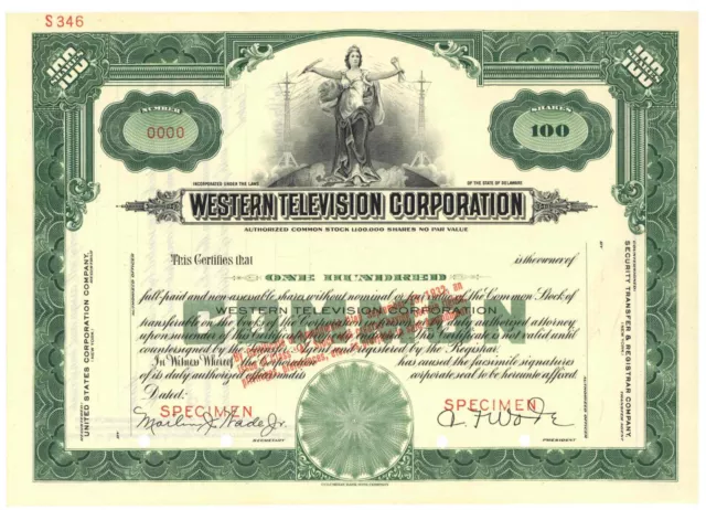 Western Television Corporation. SPECIMEN. Stock Certificate