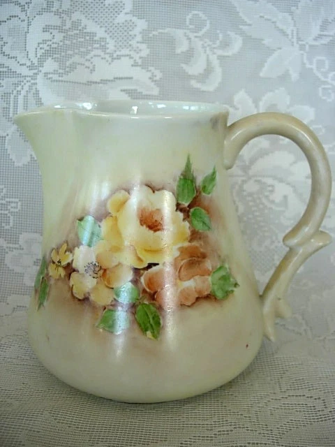 Hand Painted Peach & Yellow Roses/Dogwood Ceramic / Creamer/Pitcher - Signed