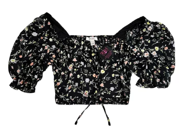 NWT Privvy Hot Miami Style Women's Crop Shirred Black Floral S/S Top Size Small