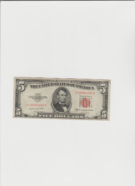 1953-B Five Dollar RED Seal Note United States Note Old US Bill $5 Average Circ
