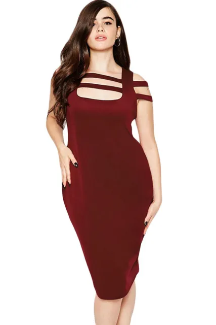 Womens Midi Plus Size Strappy Wine Red Bodycon Dress 2XL
