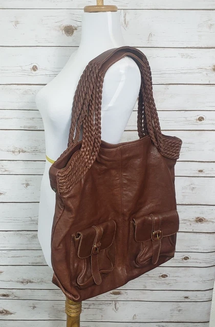 Hobo International Brown Leather Shoulder Tote Bag Large Buckle Braided Handles