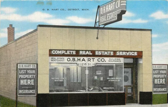 c1930-40s O.B. Hart Real Estate Company, Detroit, Michigan Postcard - RARE