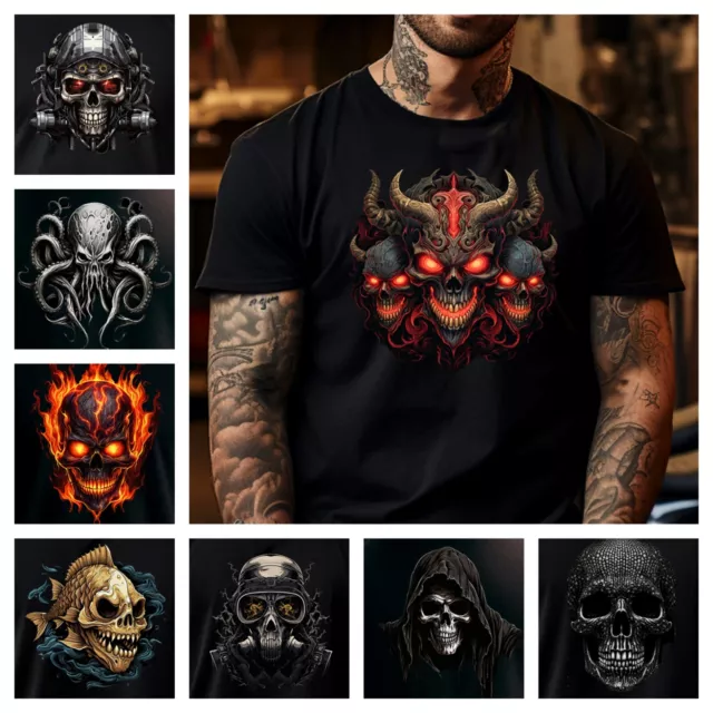Skulls T Shirt Biker Tribal Cool Tattoo Rock Music Death Demon Gym Heavy Metal