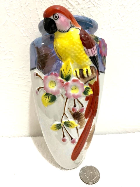 Vtg Pre-WWII  Majolica Style Japanese Luster Ware WALL POCKET VASE Parrot Japan