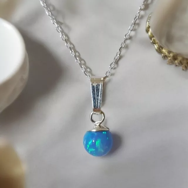 Anhänger Opal Kette Kugel Hellblau Edelstein Sterlingsilber EC925 Medaillon💥