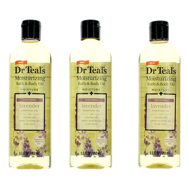 Aceite esencial de lavanda calmante, paquete de 3 8,8 oz baño hidratante y aceite corporal