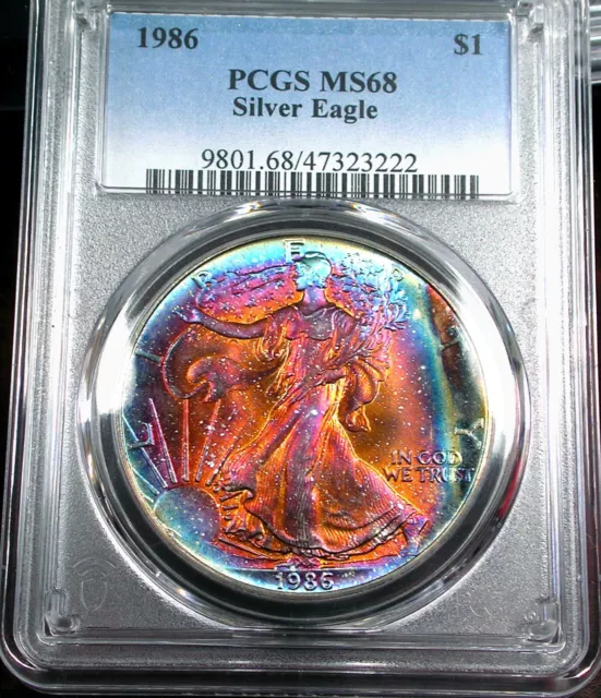 1986 American Silver Eagle   Pcgs Ms 68  Spectcular  Colorful  Toning