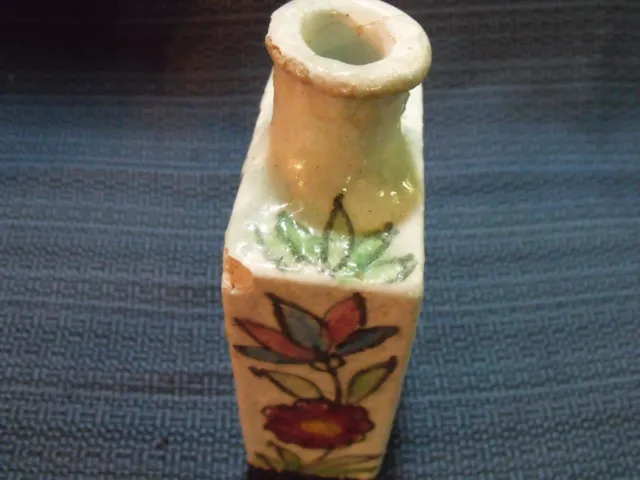 Antique Turkish Primitive Porcelain Hand Painted Floral Bottle 2