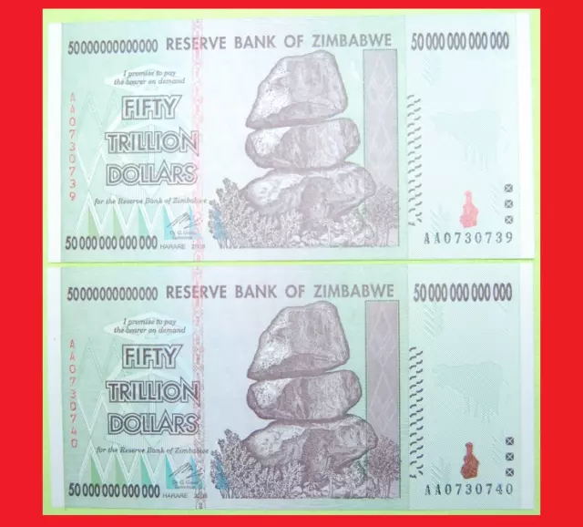 Zimbabwe 50 Trillion Dollars X2 (100 Trillion Total) Uncirculated, 2008 Aa